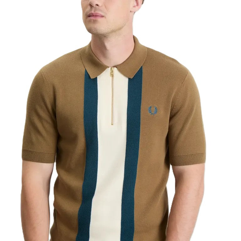 Fred Perry Textured Stripe Knitted Shirt Shaded Stone